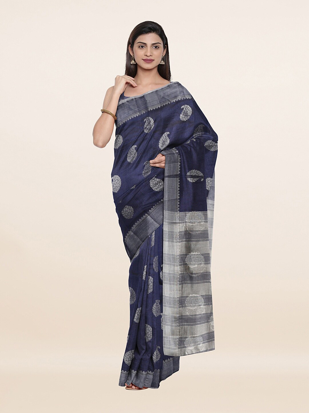 

Pothys Blue & Silver-Toned Paisley Jute Silk Saree