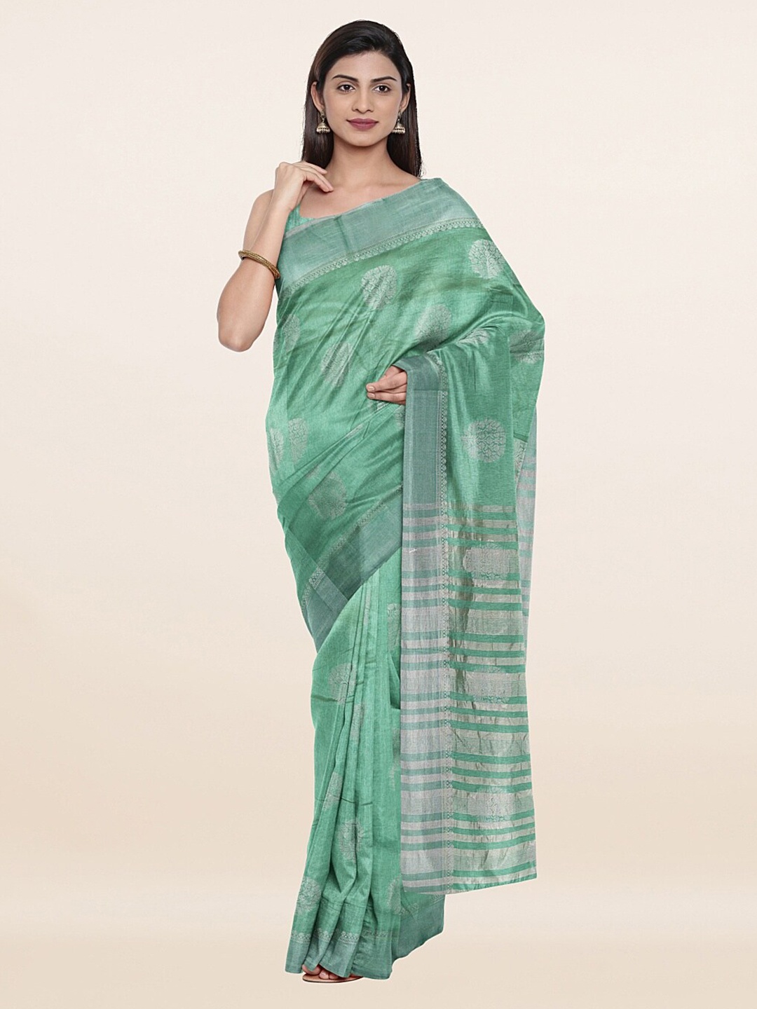 

Pothys Green & Silver-Coloured Ethnic Motifs Jute Silk Saree