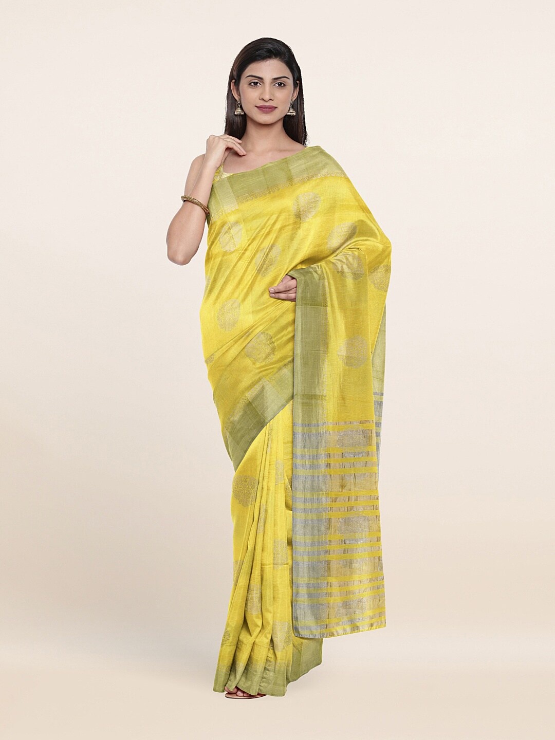 

Pothys Yellow & Silver-Toned Woven Design Zari Jute Silk Saree