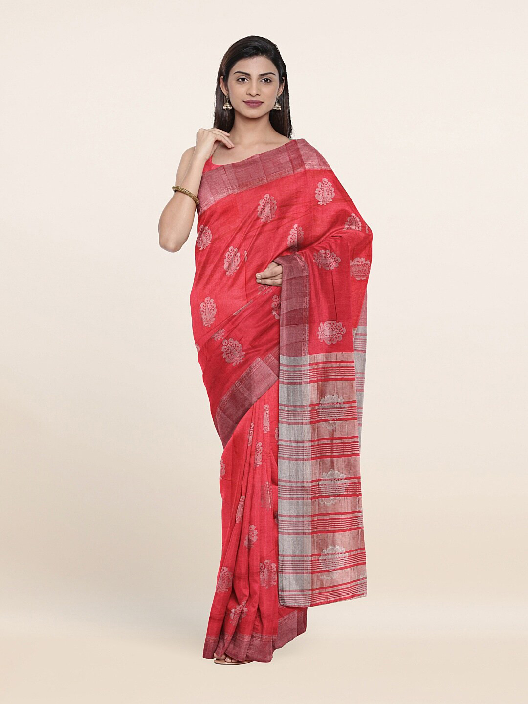 

Pothys Pink & Silver-Toned Woven Design Zari Jute Silk Saree