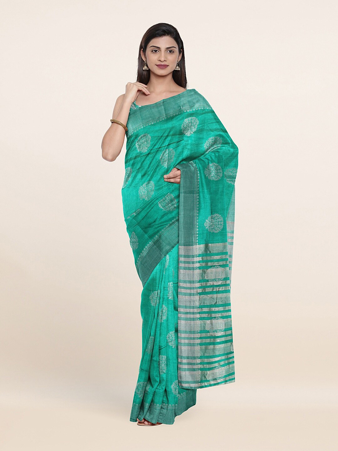 

Pothys Green & Silver-Toned Woven Design Jute Silk Saree