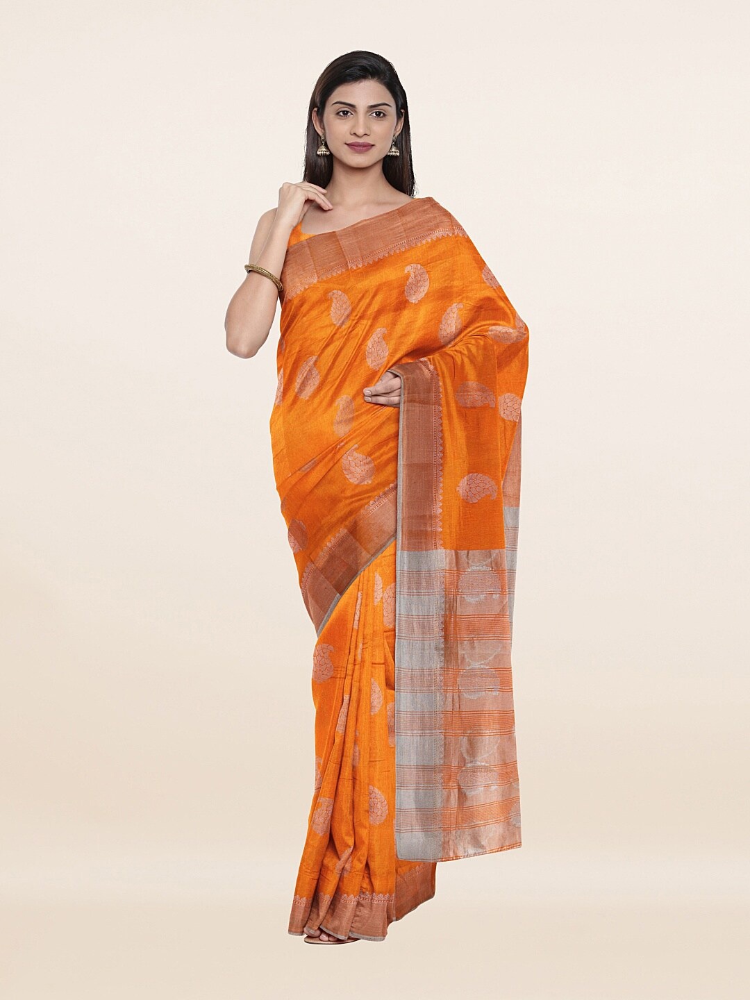 

Pothys Orange & Silver-Toned Woven Design Zari Jute Silk Saree