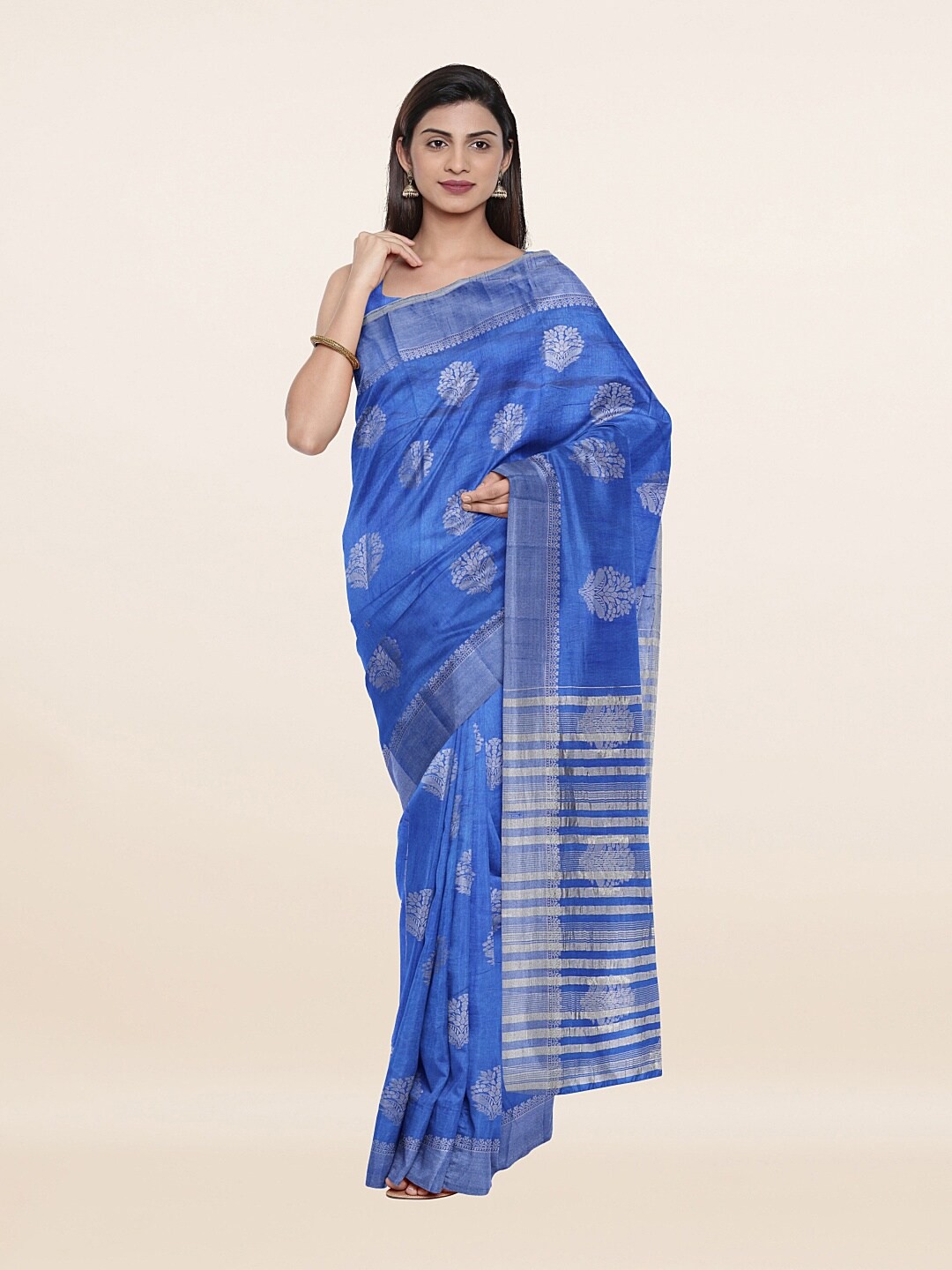 

Pothys Blue & Silver-Toned Ethnic Motifs Zari Jute Silk Saree