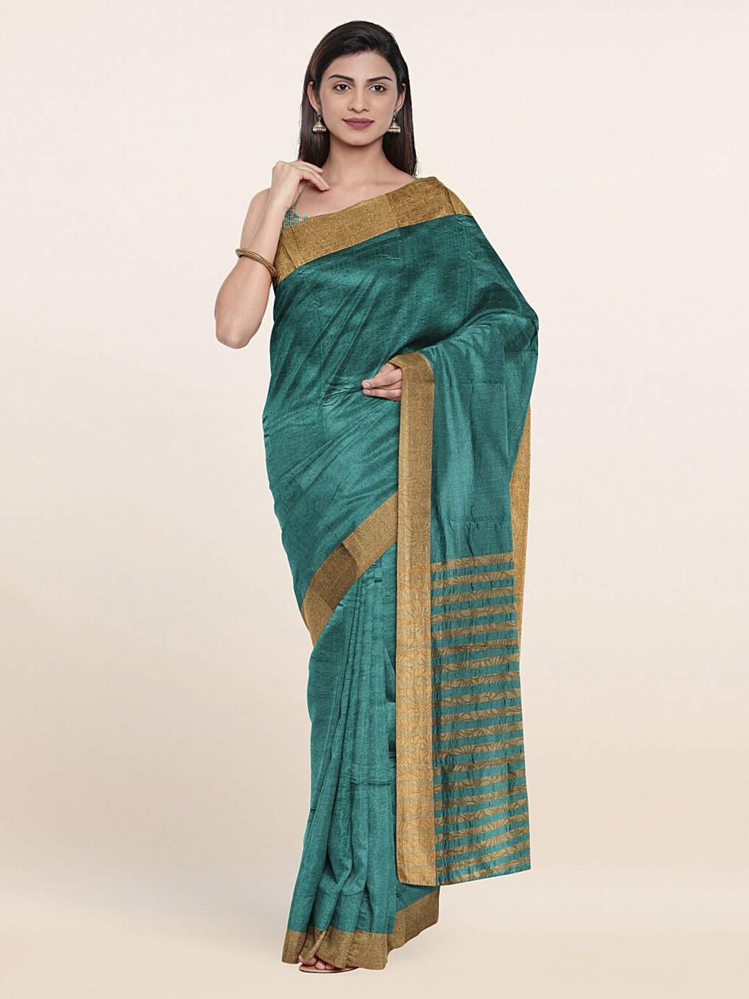 

Pothys Green & Gold-Toned Woven Design Cotton Blend Zari Saree