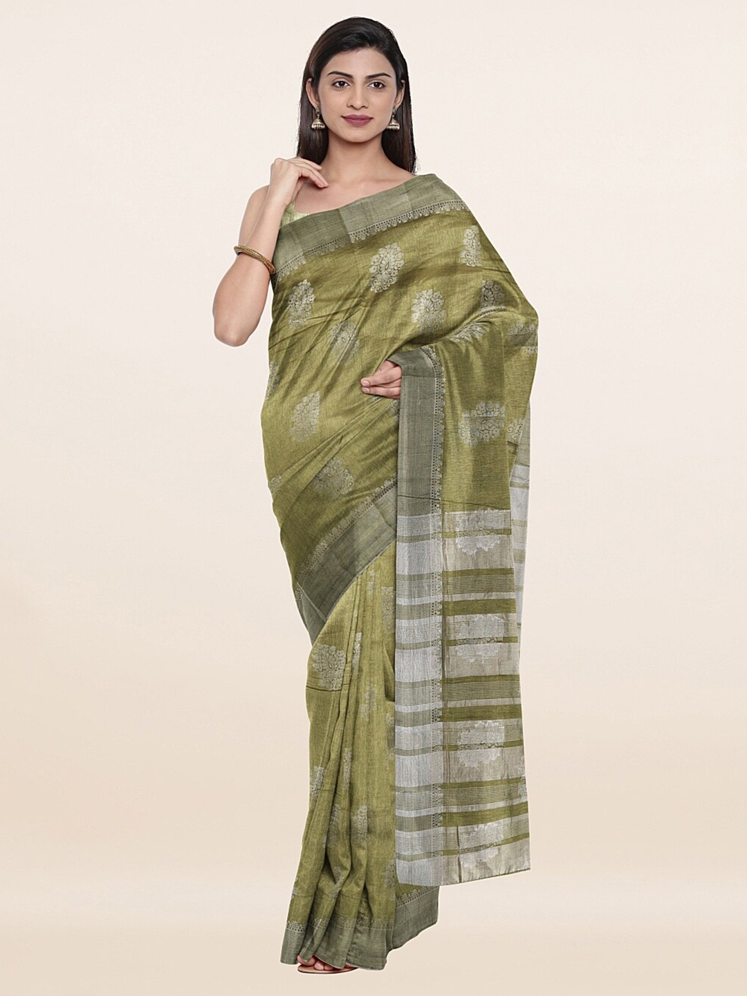 

Pothys Green & Silver-Toned Ethnic Motifs Zari Jute Silk Saree