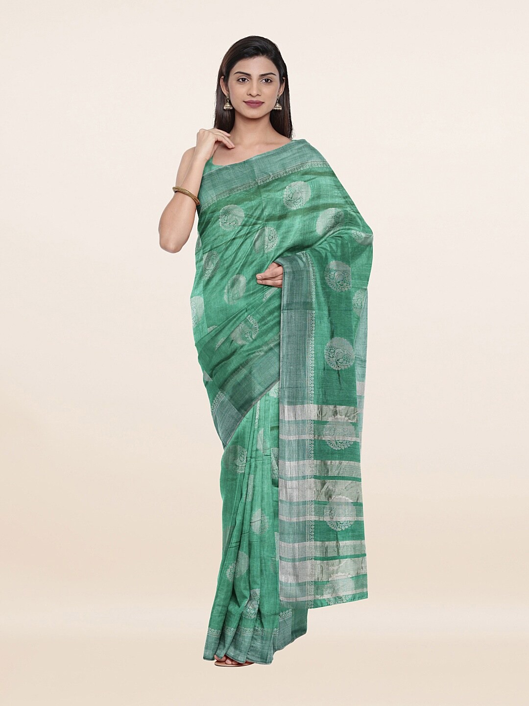 

Pothys Green & Silver-Toned Woven Design Jute Silk Saree