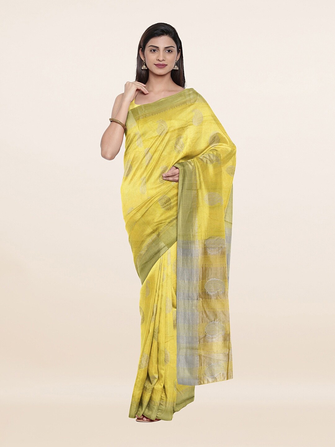

Pothys Yellow & Silver-Toned Woven Design Zari Jute Silk Saree
