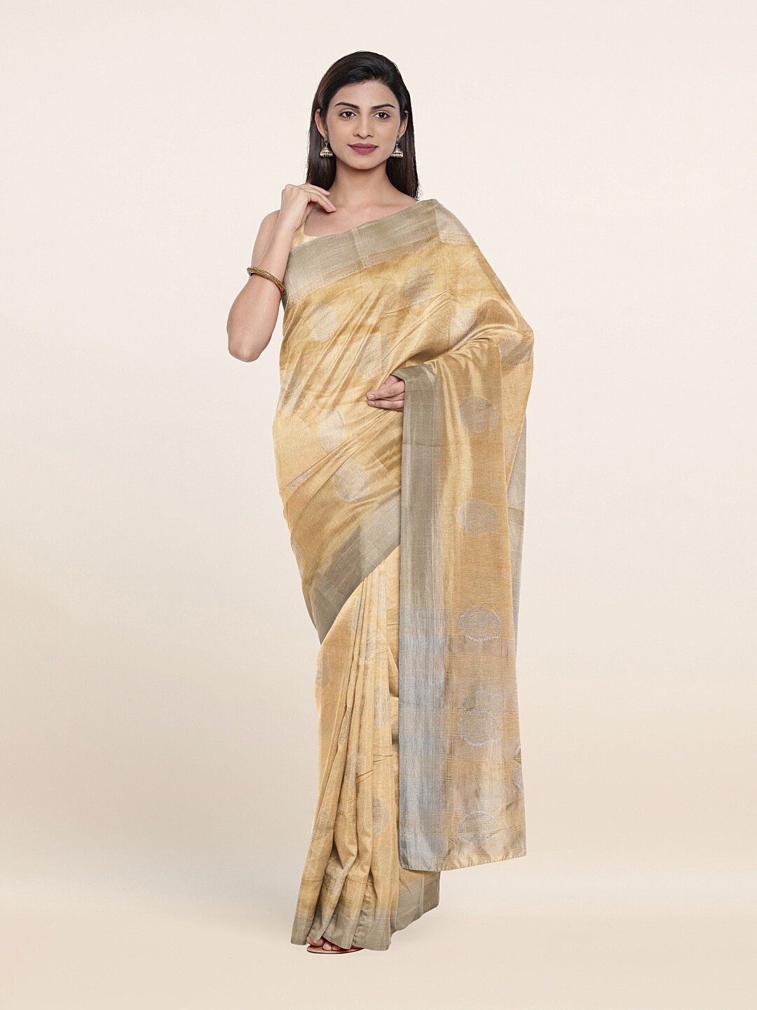 

Pothys Cream-Coloured & Silver Ethnic Motifs Zari Jute Silk Saree