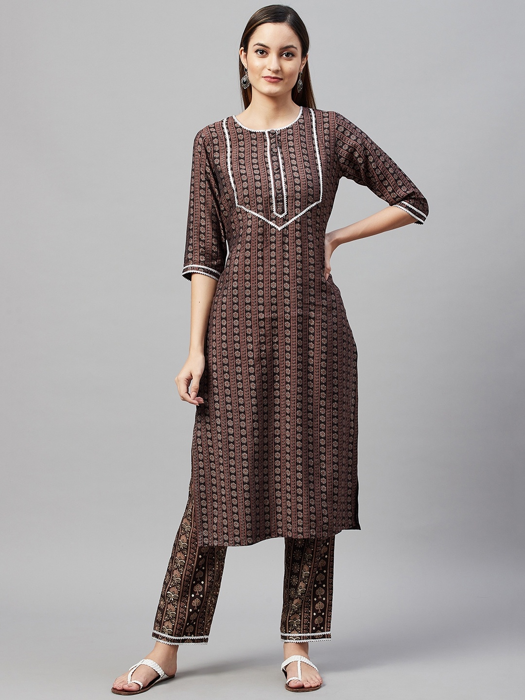 

V TRADITION Women Brown & Beige Floral Print Kurta with Trousers