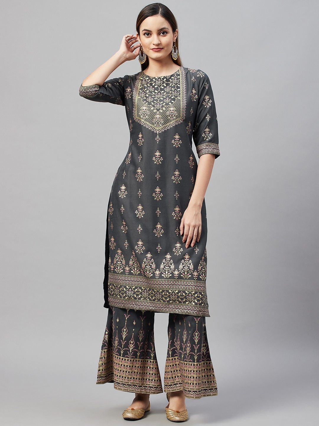 

V TRADITION Women Grey & Gold-Toned Floral Print Kurta with Palazzos