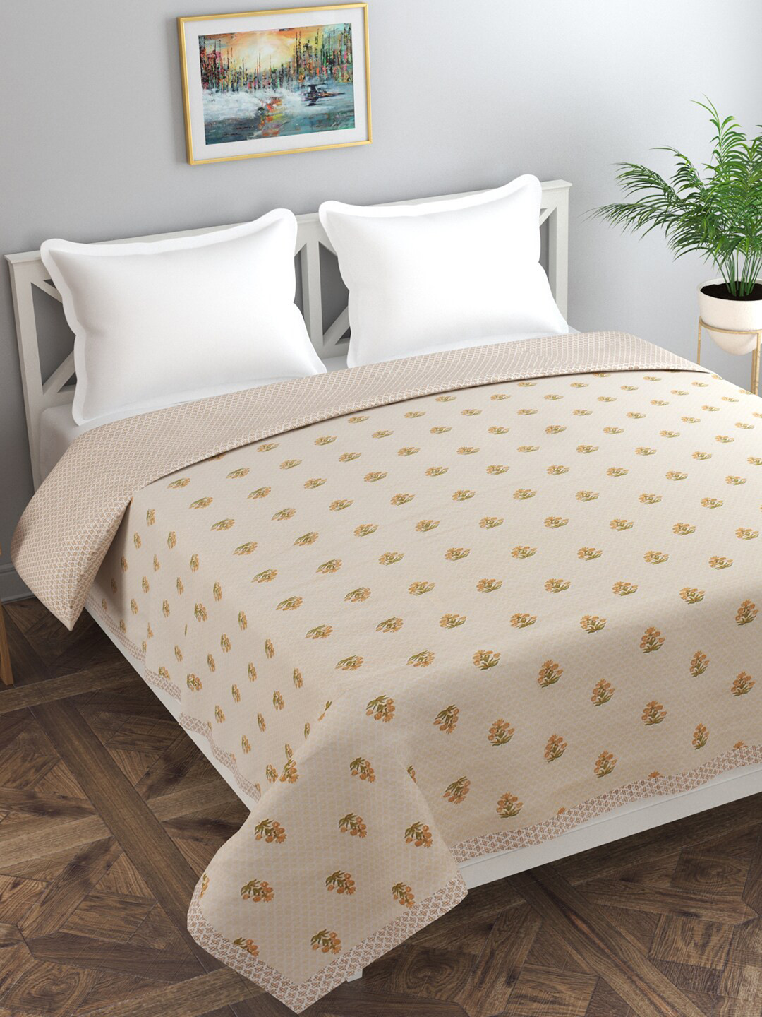 

Florida Beige & Orange AC Room 120 GSM Pure Cotton Reversible Double Bed Dohar