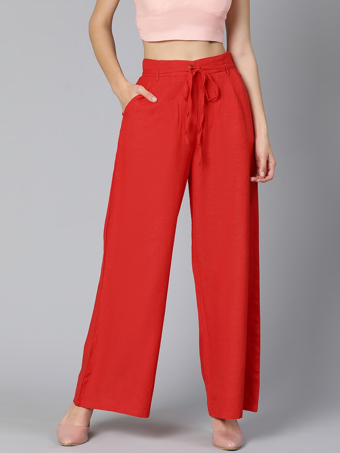 

Oxolloxo Women Red Flared High-Rise Trousers
