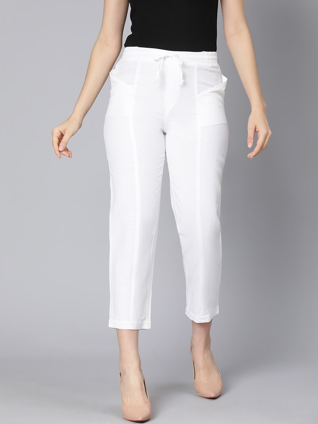 

Oxolloxo Women White Mid-Rise Regular Trousers