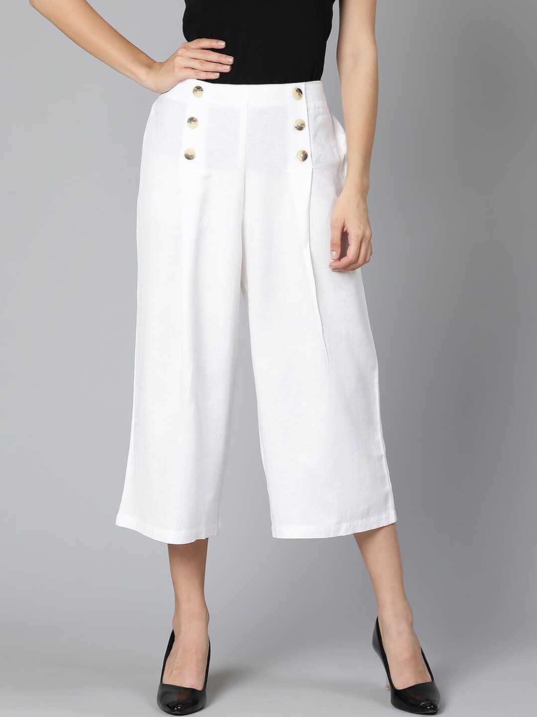 

Oxolloxo Women White Flared Pleated Culottes Trousers