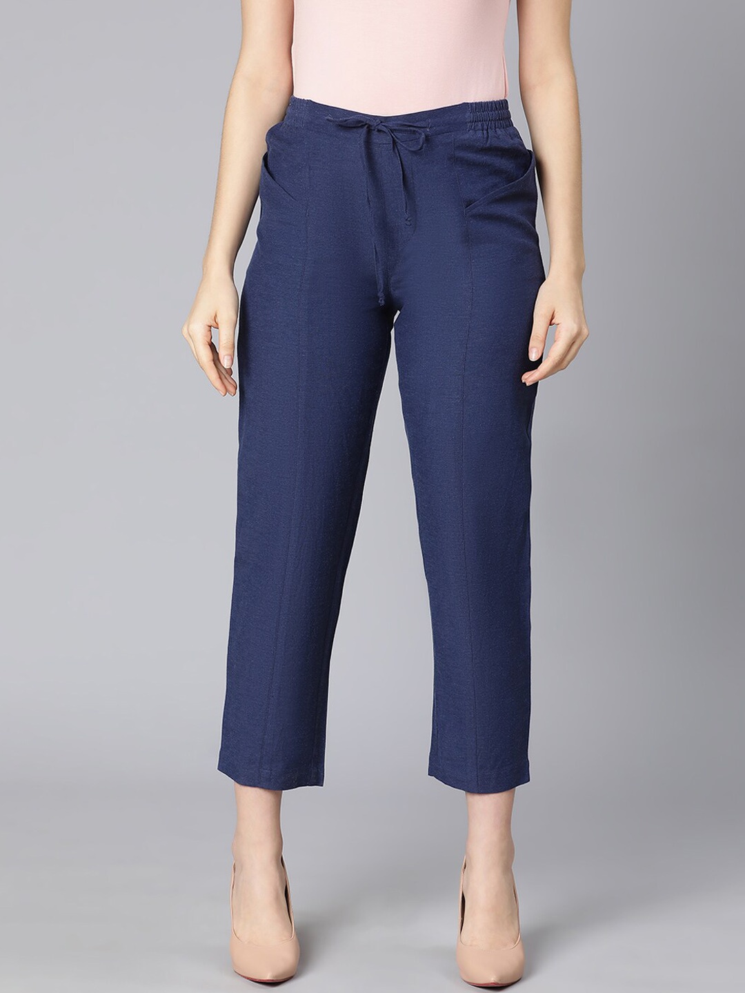 

Oxolloxo Women Navy Blue Solid Cotton Linen Crop Regular Trousers