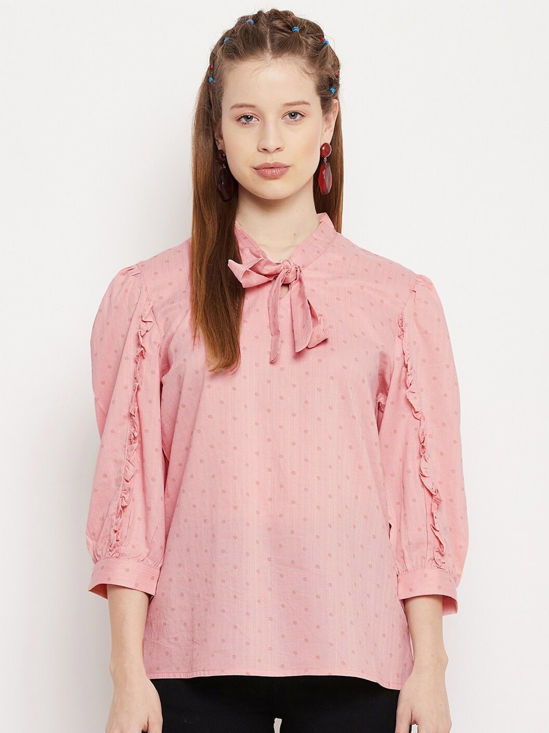 

Madame Pink Print Tie-Up Neck Ruffles Top