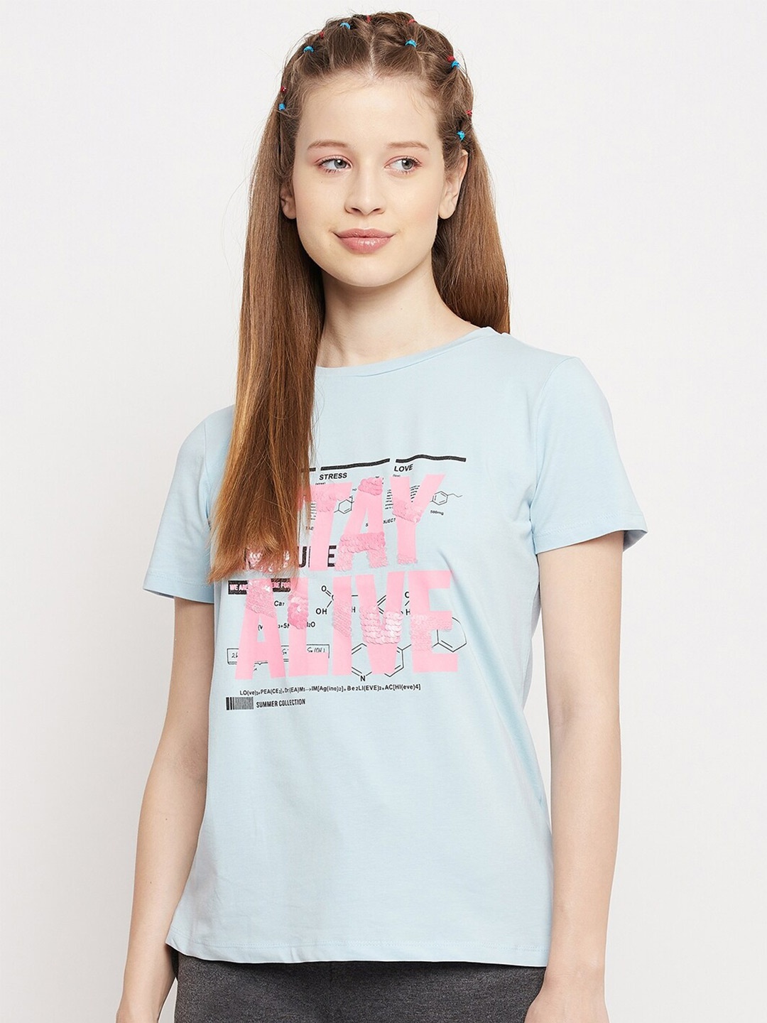 

Madame Women Blue & Pink Typography Printed Cotton T-Shirt