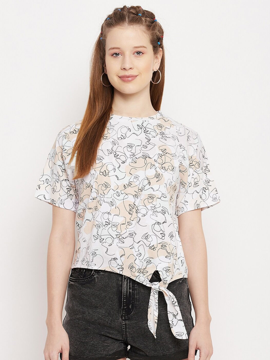

Madame White & Beige Print Top With Waist Knot