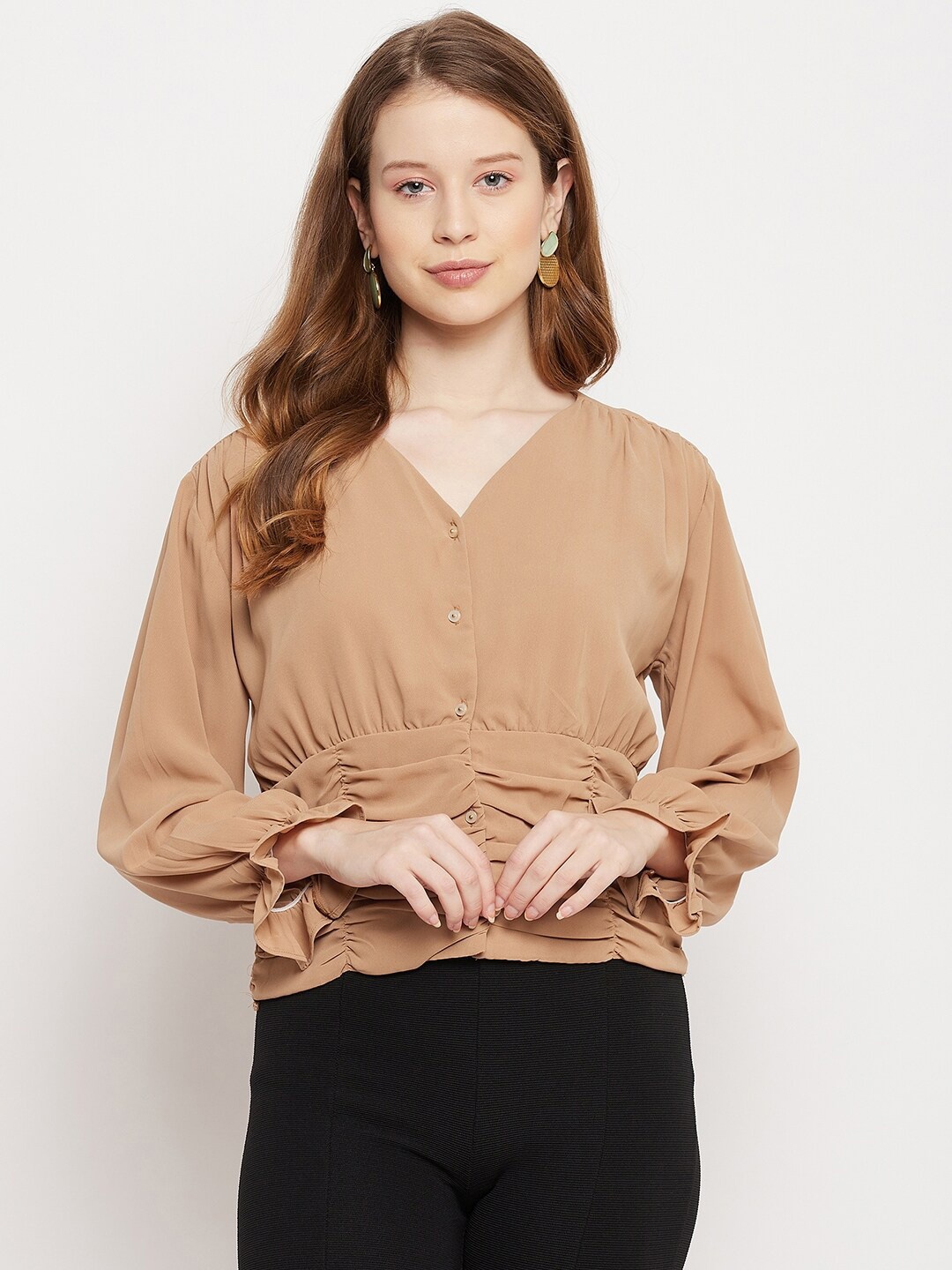

Madame Beige Bell Sleeves Cinched Waist Top
