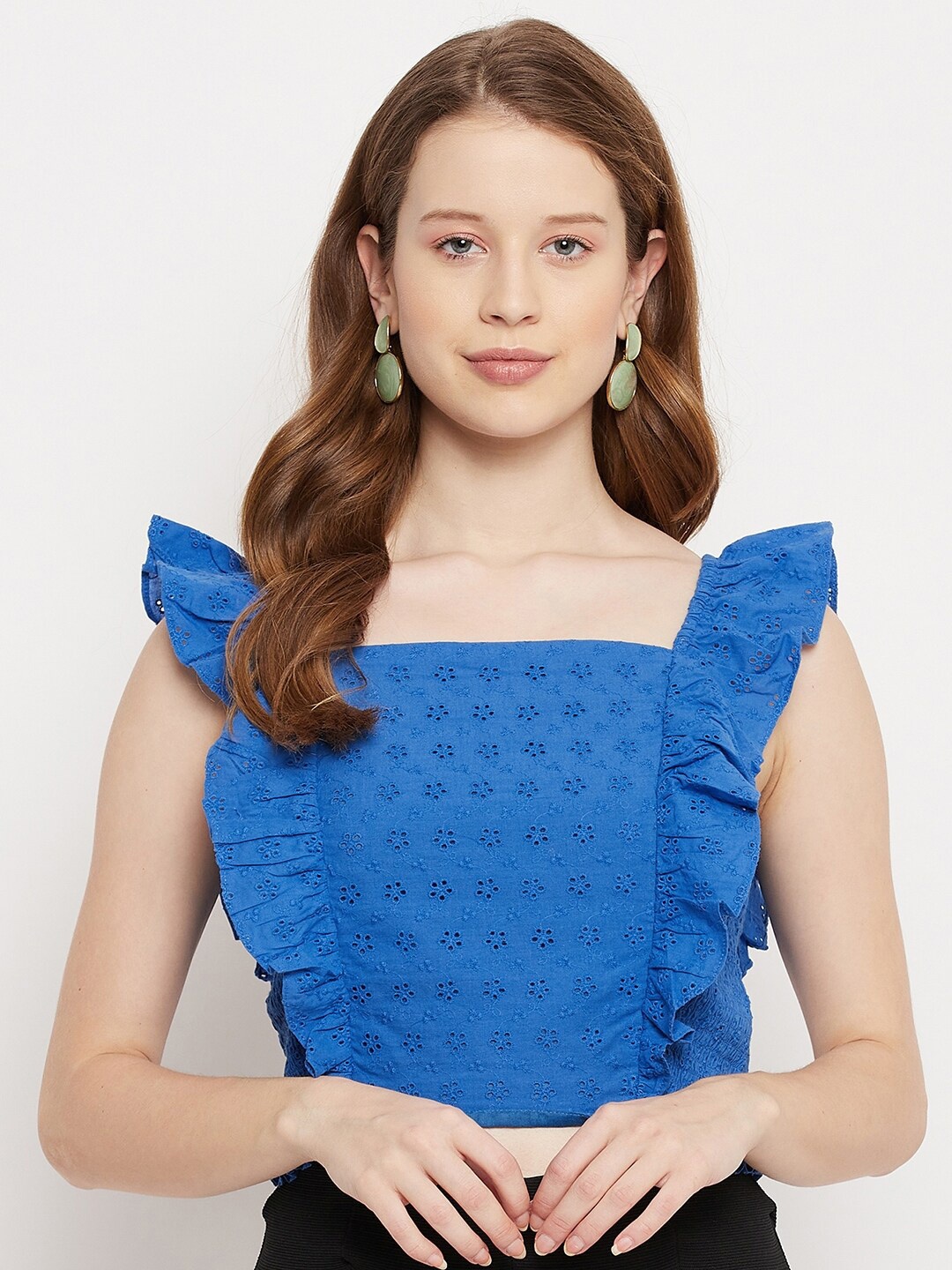 

Madame Navy Blue Flutter Sleeves Pure Cotton Crop Top