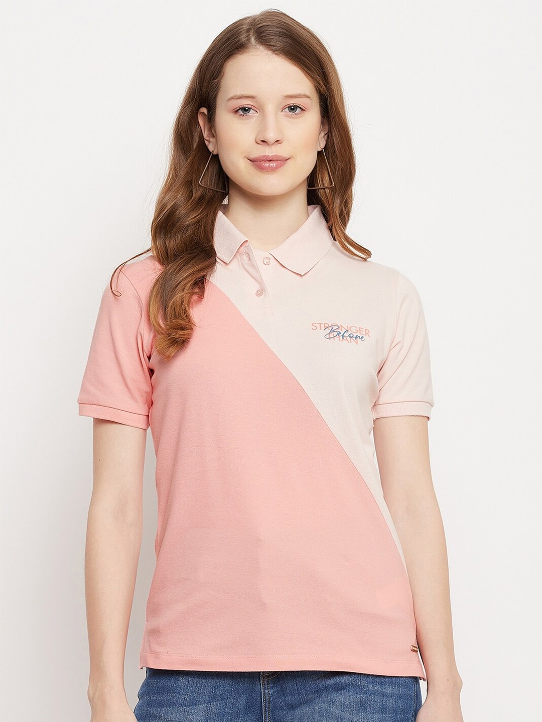 

Madame Women Peach-Coloured Colourblocked Polo Collar T-shirt