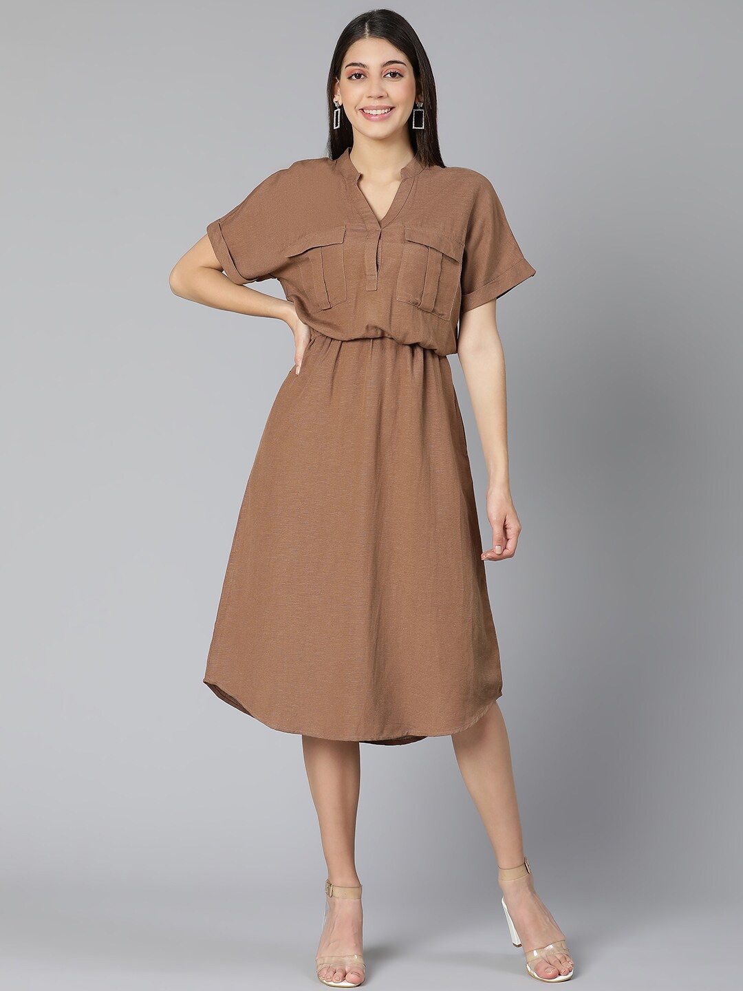 

Oxolloxo Brown Linen Blend A-Line Midi Dress