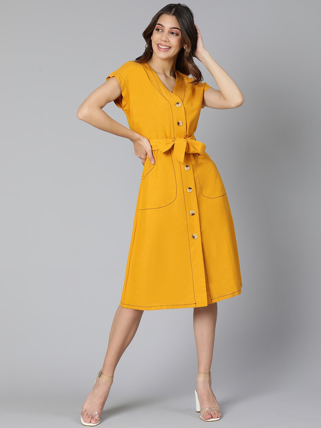 Oxolloxo Women Mustard Yellow A-Line Dress