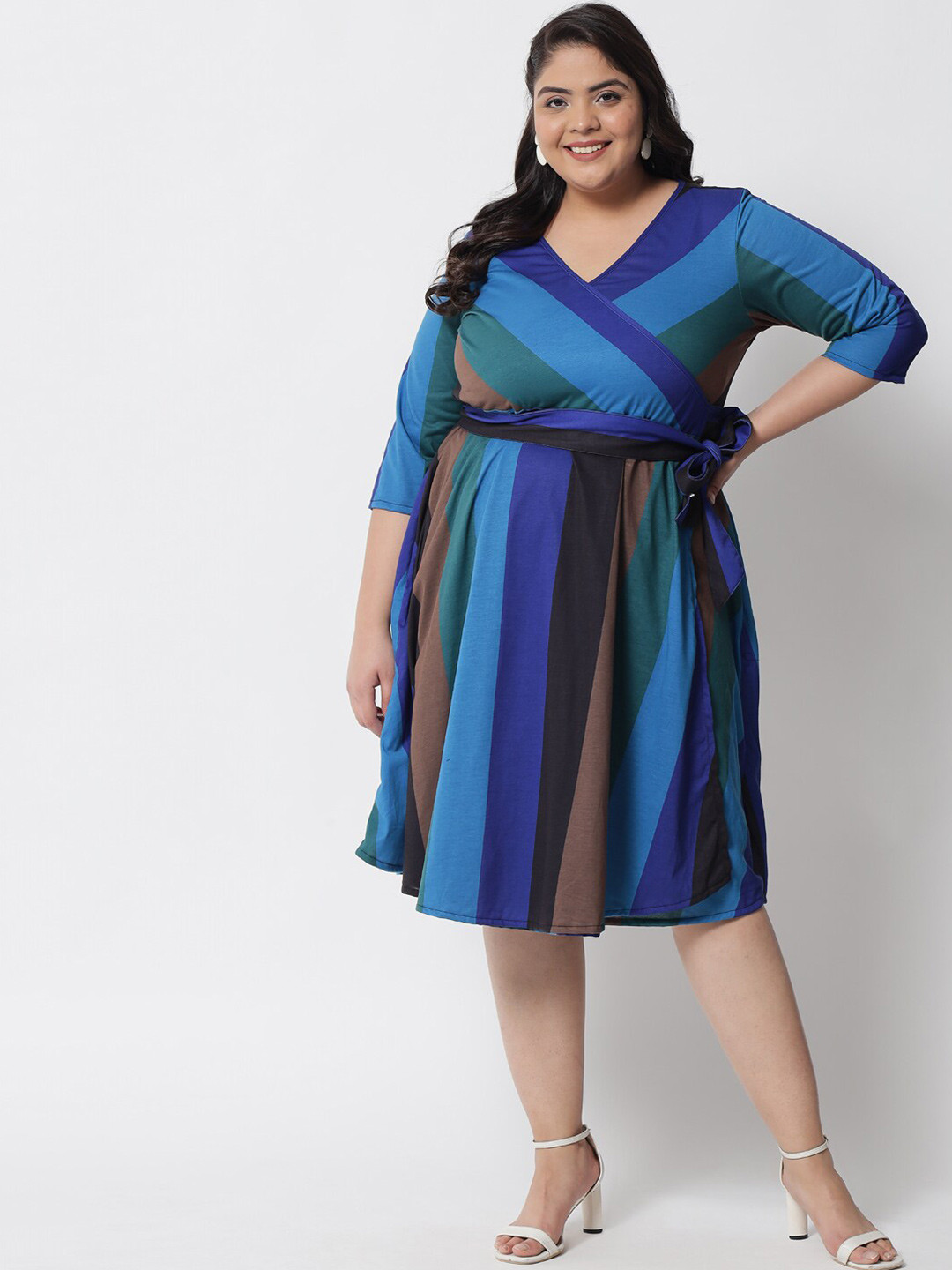 

Amydus Women Plus Size + Size Blue & Green Striped V-neck Cotton Wrap Dress