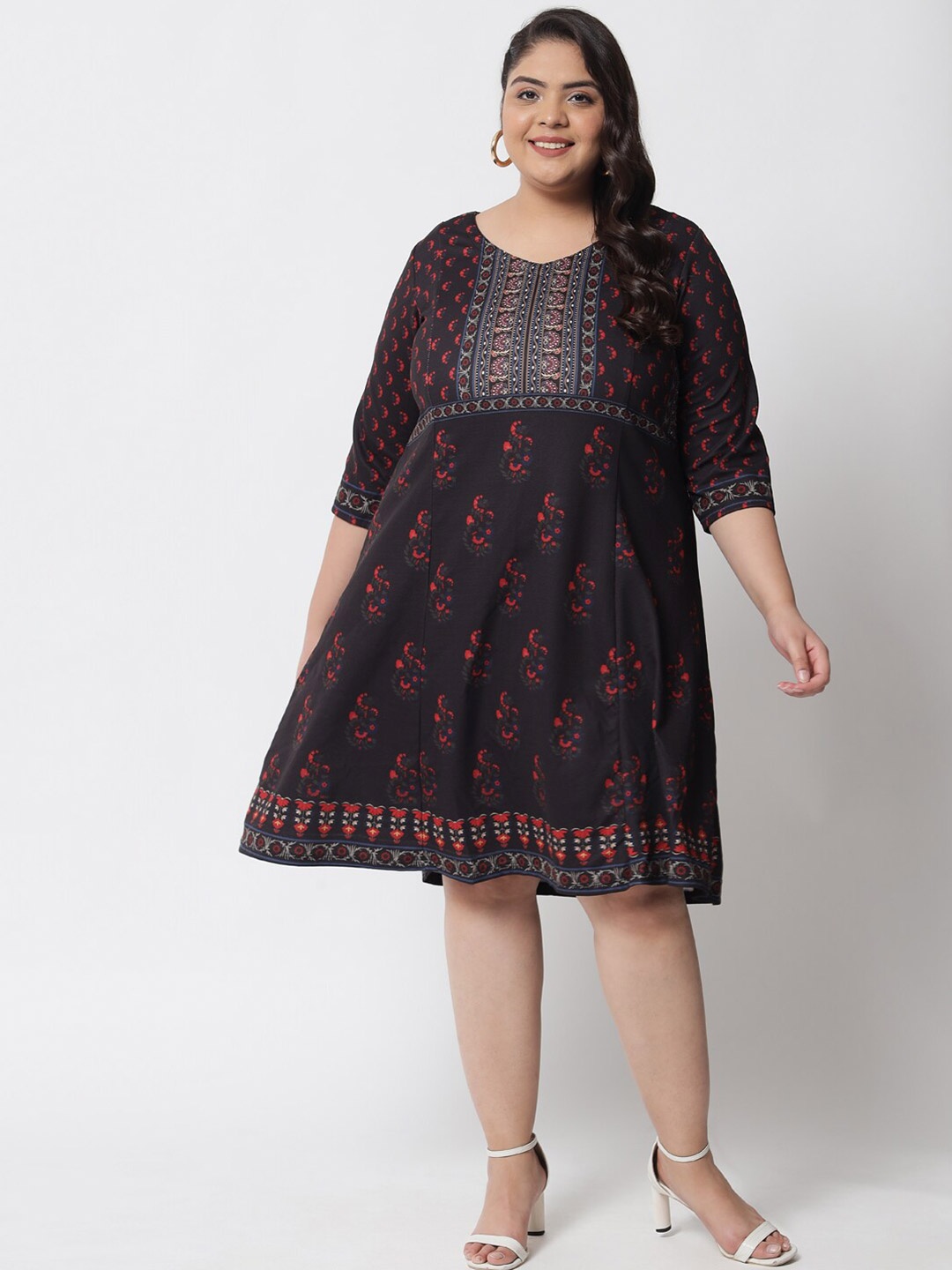 Amydus Women Plus Size Black Floral Dress