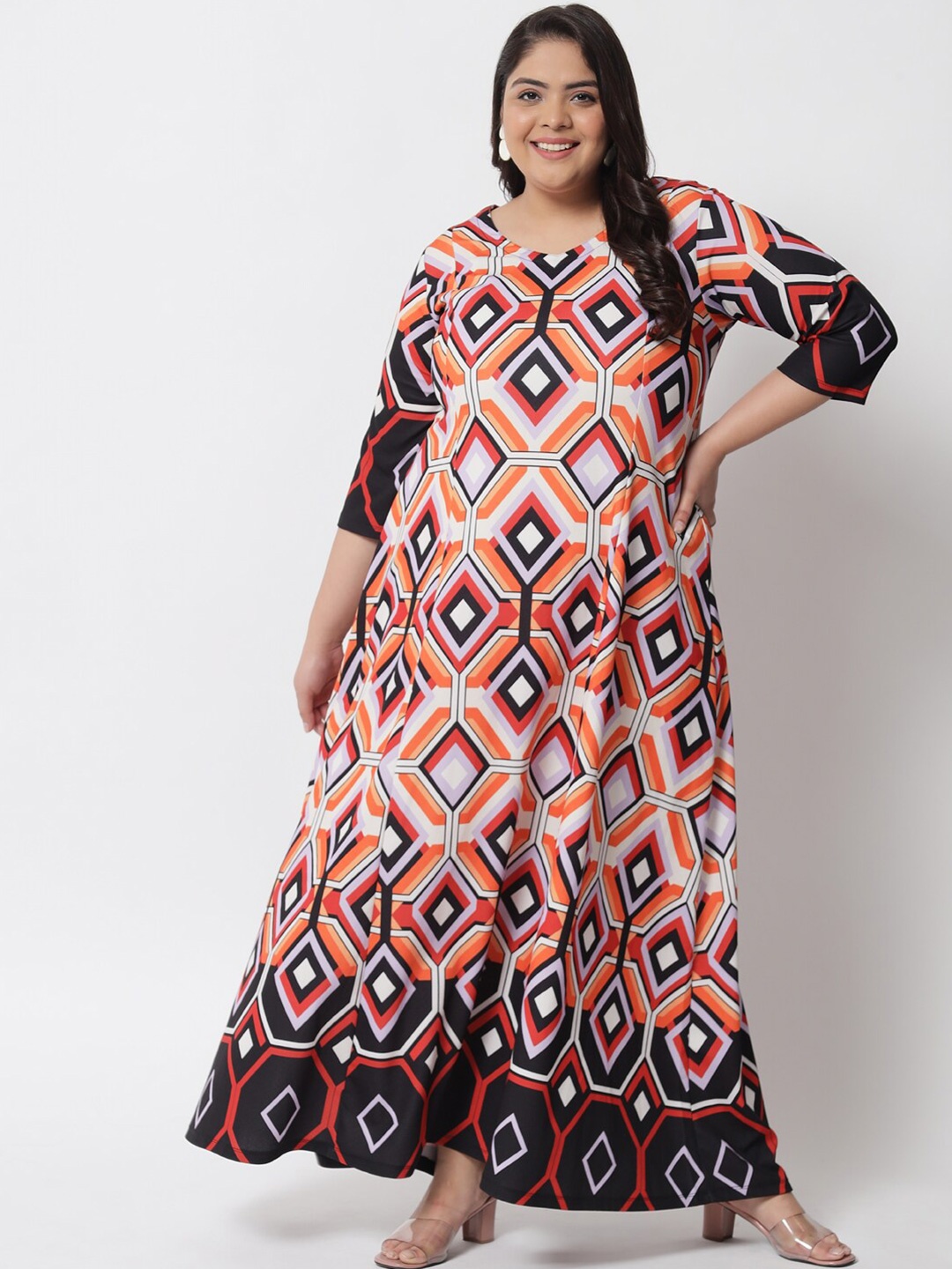 Amydus Women Plus Size Black & Orange Maxi Dress, Multi