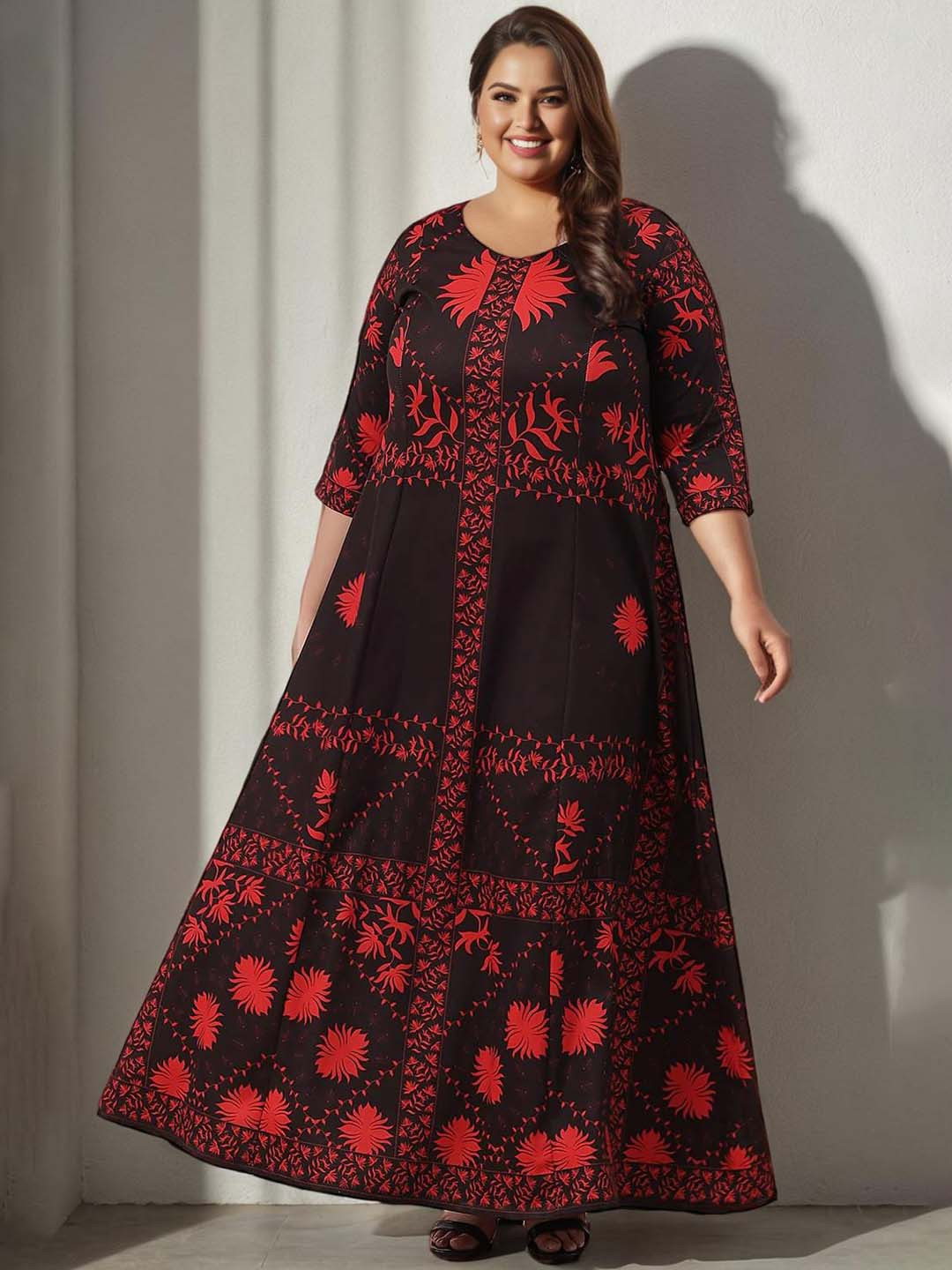 

Amydus Black Ethnic Motifs Plus Size Maxi A-Line Dress