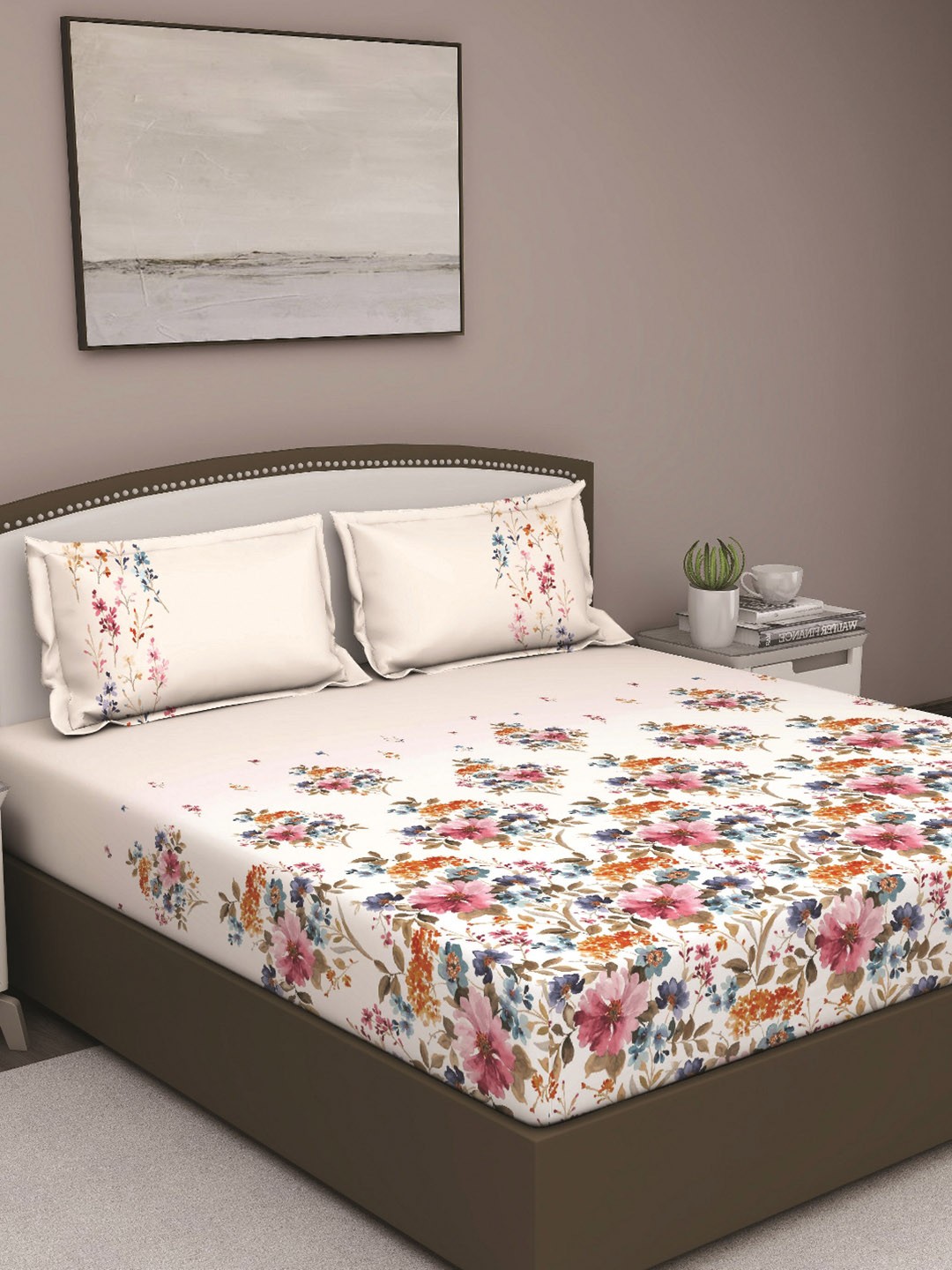 

GM Peach-Coloured & Blue Floral 210 TC Cotton Queen Bedsheet with 2 Pillow Covers