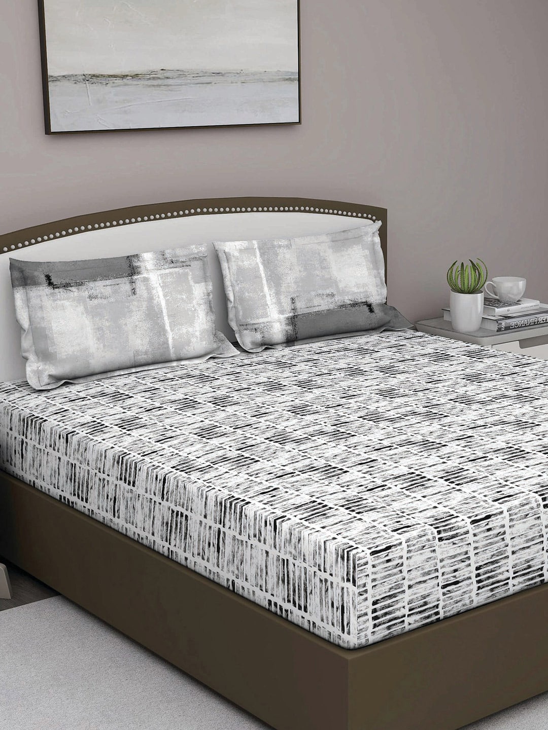 

GM Grey & White 210 TC Pure Cotton Queen Bedsheet with 2 Pillow Covers