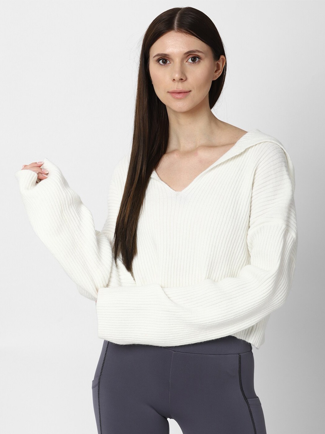 

FOREVER 21 Women White Textured Acrylic High-Low Pullover