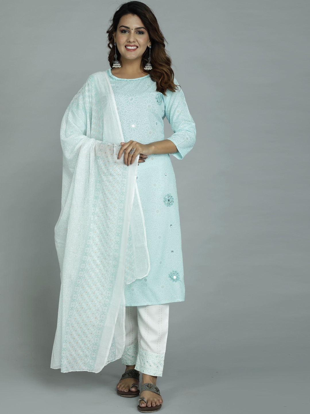 

gvs shoppe Women Turquoise Blue & White Printed Mirror Work Kurta with Trousers & Dupatta