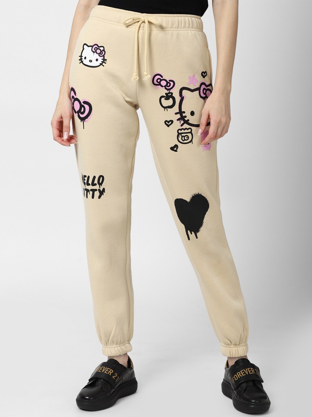 

FOREVER 21 Women Beige Printed Cotton Track Pants
