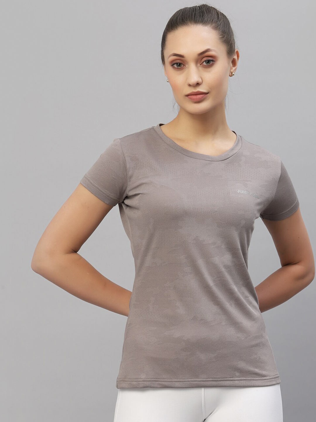 

JUMP USA Women Grey Camouflage Printed Antimicrobial T-shirt