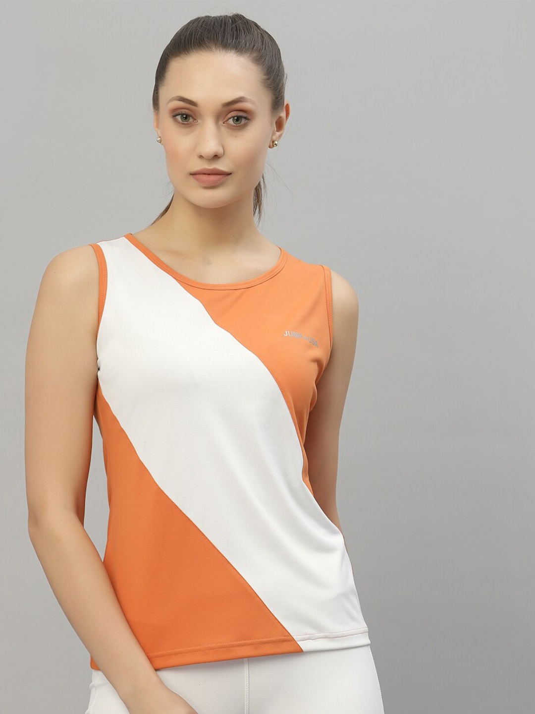 

JUMP USA Women Orange & White Colourblocked Round Neck Tank T-shirt