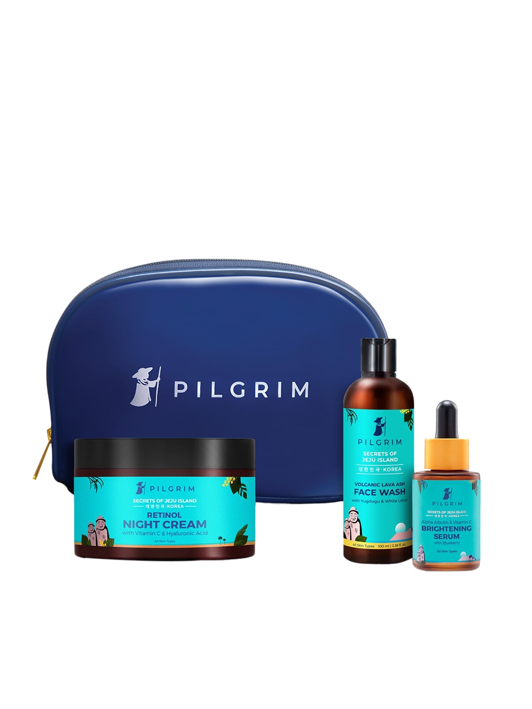 

Pilgrim Set of Face Wash 100ml + Face Serum 30ml + Night Cream 50g with Vanity Bag, Teal