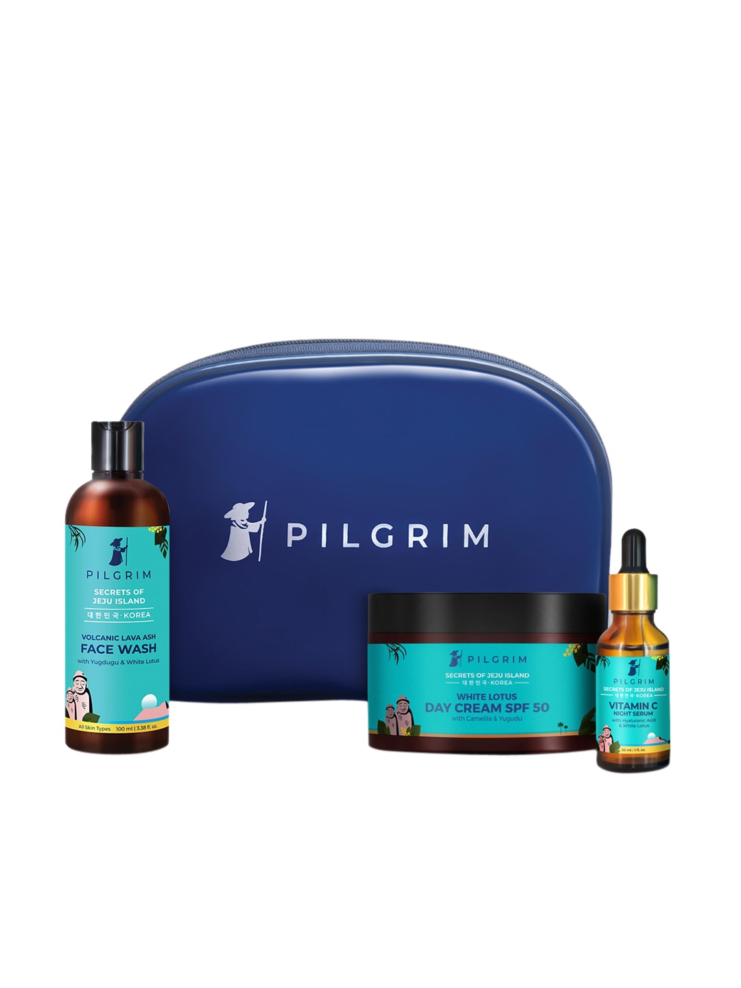 

Pilgrim Set of Face Wash 100ml + SPF50 Day Cream 100g + Face Serum 30ml with Vanity Bag, Teal