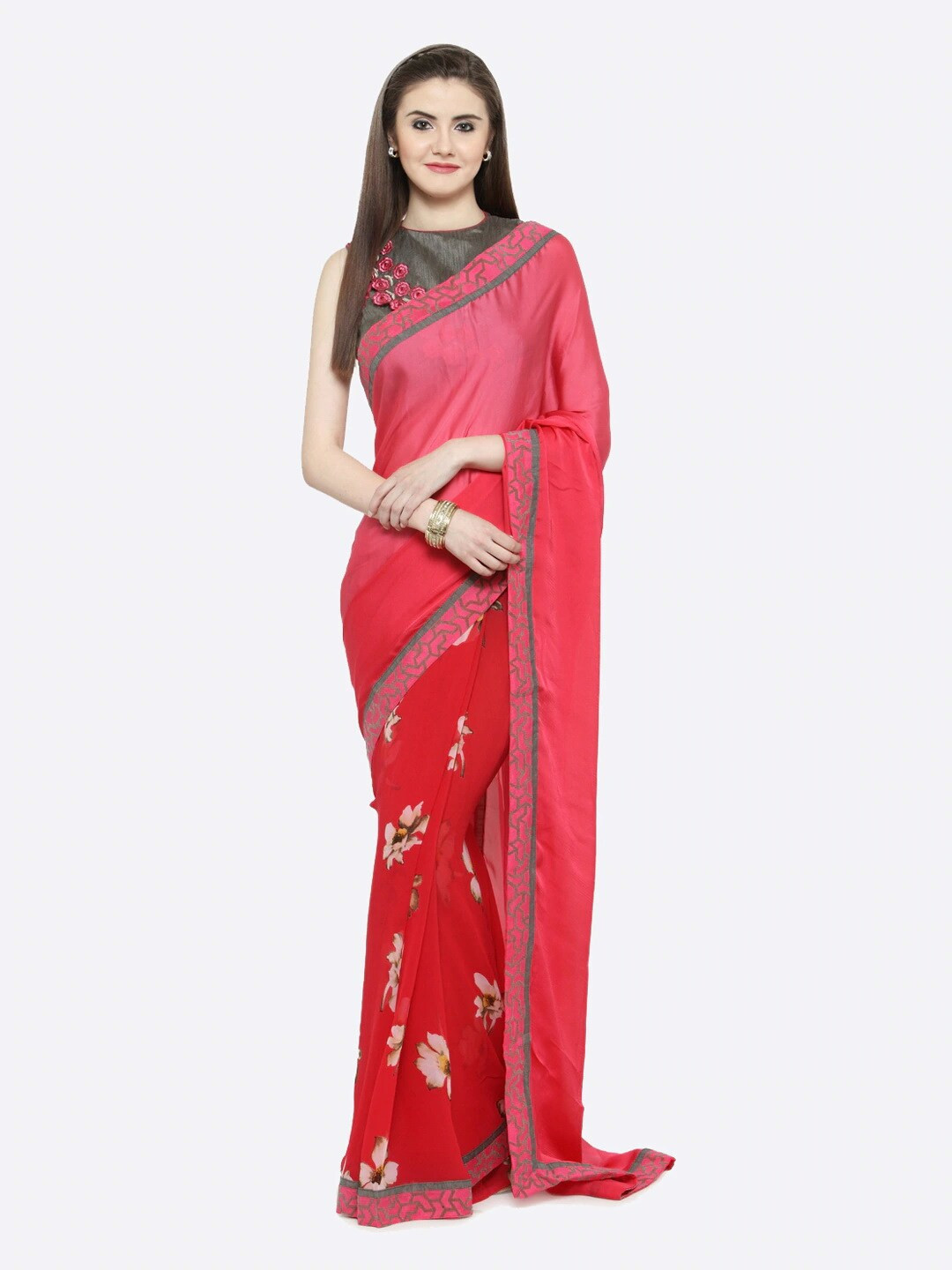 

Shaily Pink & Grey Floral Embroidered Pure Georgette Saree