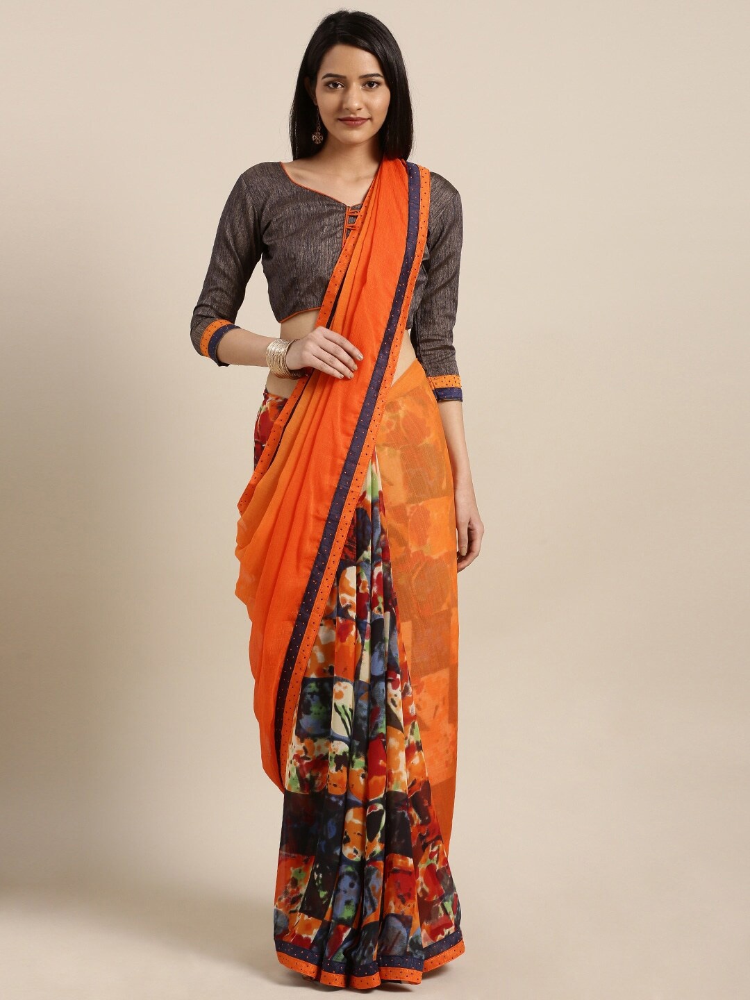 

Shaily Orange & Blue Pure Georgette Half and Half Saree
