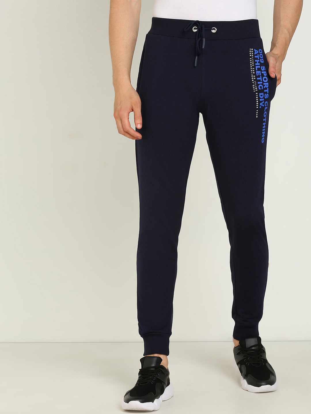 Alan Jones Men Navy Blue Typographic Printed Slim-Fit Joggers