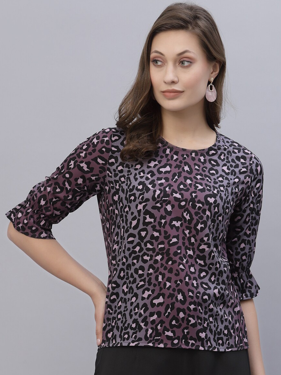 

Style Quotient Black & Purple Animal Printed Crepe Top