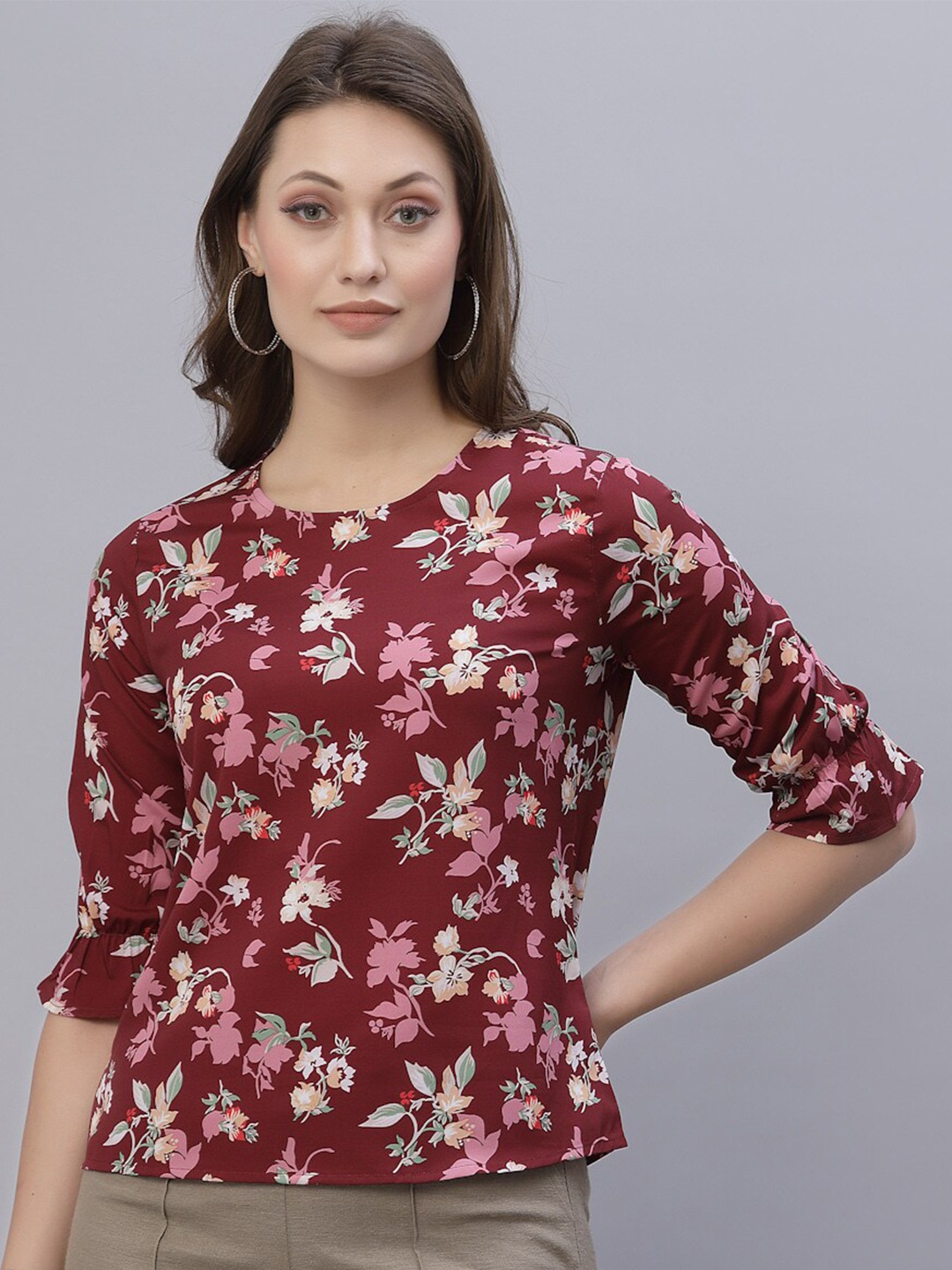 

Style Quotient Maroon Floral Print Crepe Top