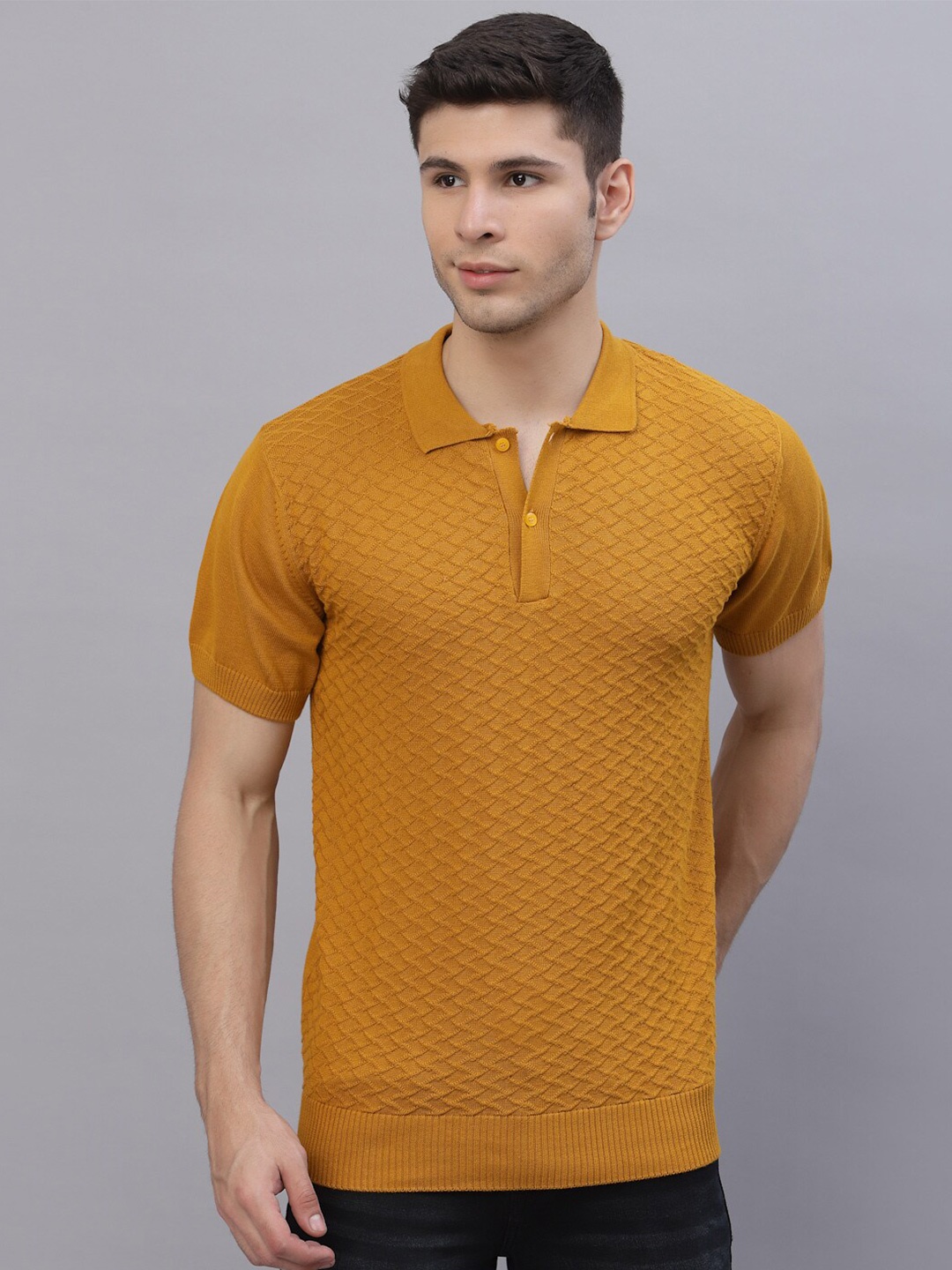 

Style Quotient Men Mustard Yellow Printed Polo Collar T-shirt