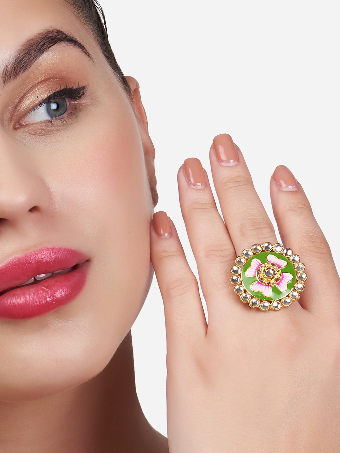 

Zaveri Pearls Gold-Plated Green & Pink Meenakari Flower Design Kundan Ring