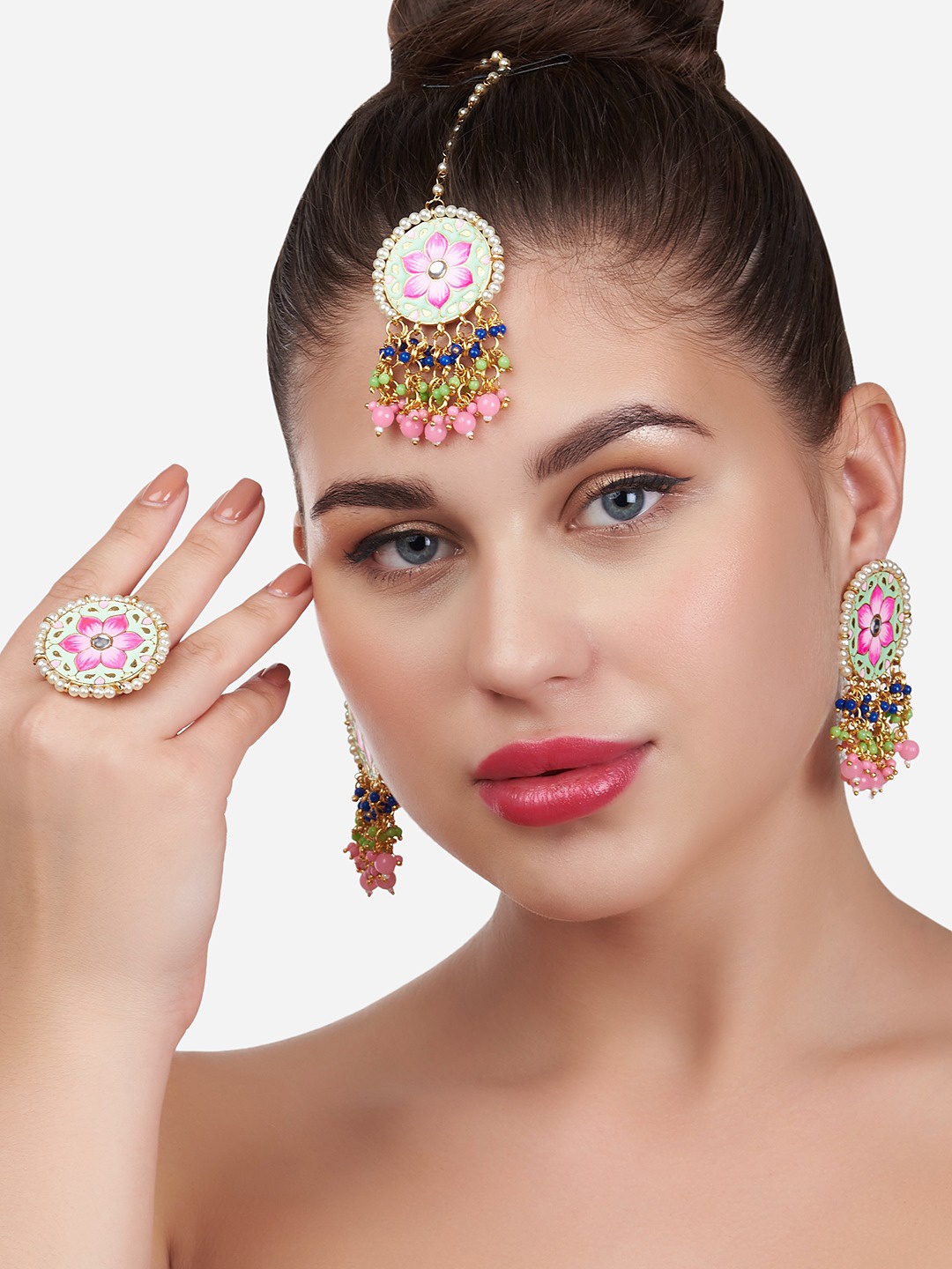 

Zaveri Pearls Gold-Plated & Pink Kundan Beaded Meenakari Jewellery Set