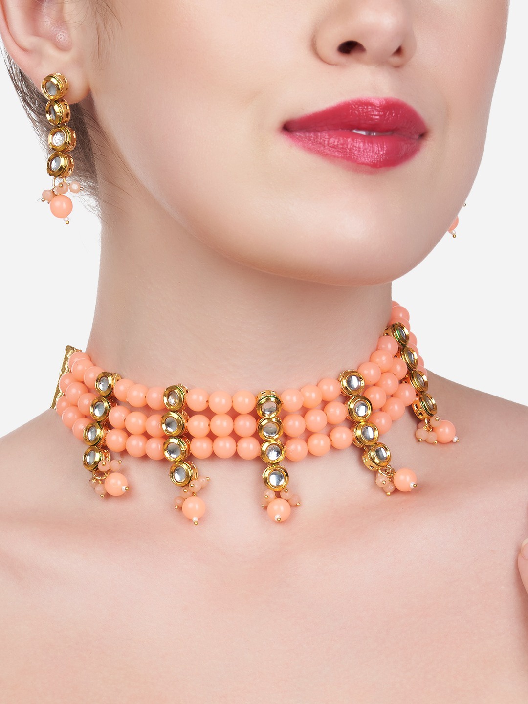 

Zaveri Pearls Peach Multistrand Beaded Kundan Choker Necklace & Earring Set