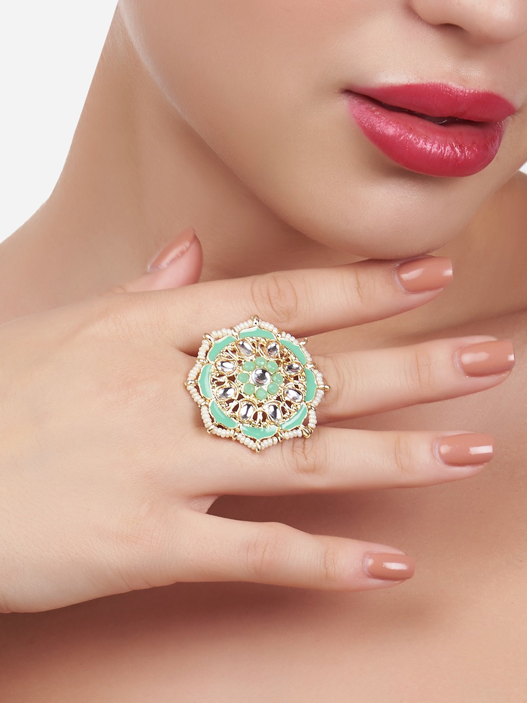 

Zaveri Pearls Gold-Plated Green & White Kundan Stone Studded Meenakari Adjustable Finger Ring